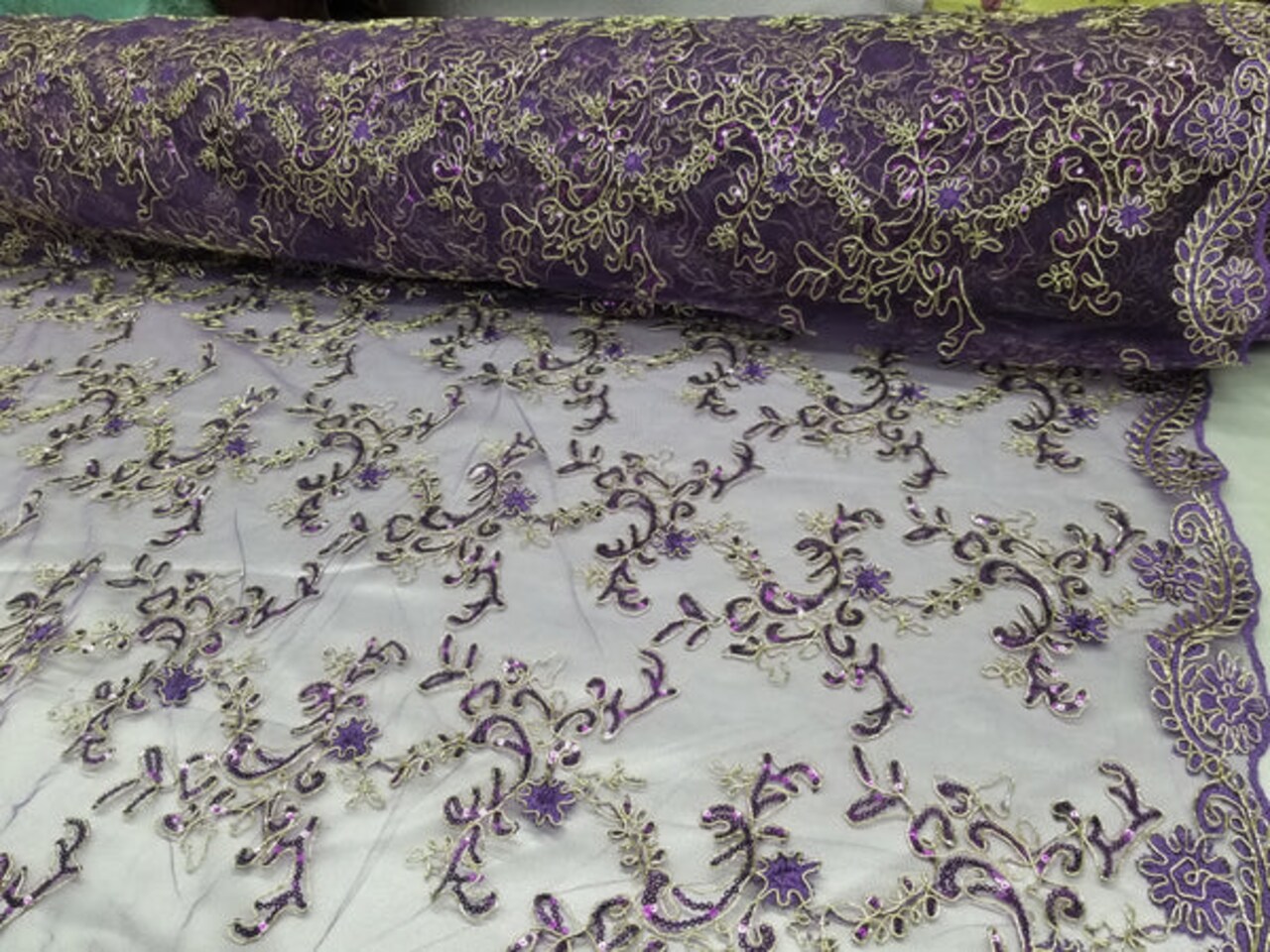 1 Yard Purple Metallic Flowers Sequins Mesh Lace Fabric for Tablecloths and Costumes Wide 54'' inch